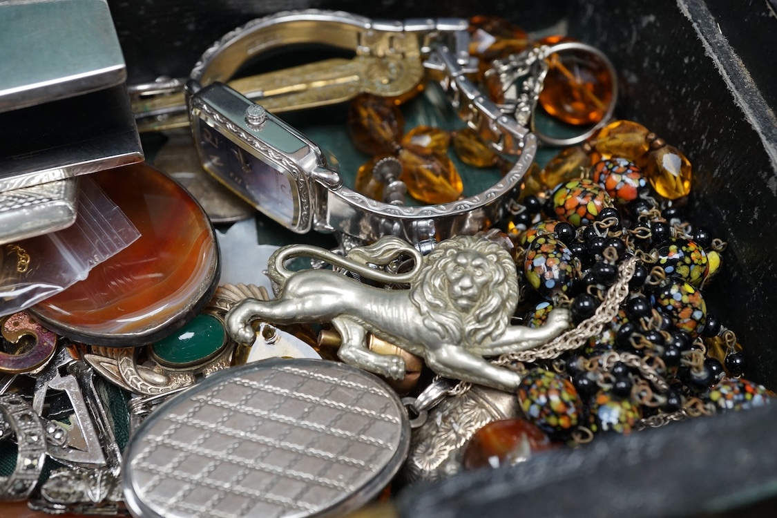 A quantity of assorted mainly costume jewellery, silver and other collectables including a George V engraved silver card case, Adie & Lovekin Ltd, Birmingham, 1913, pill boxes, vesta case, necklaces and writs watches.